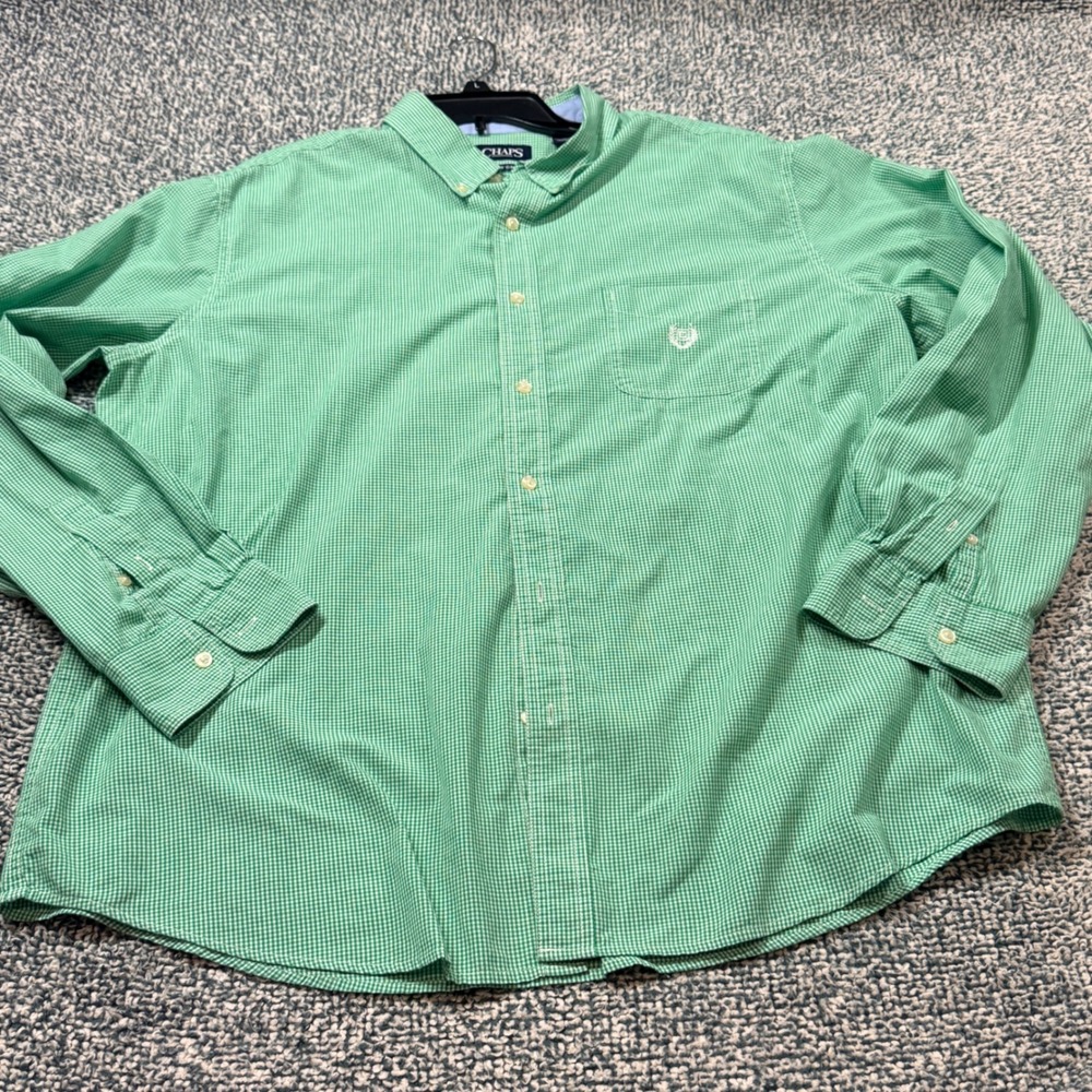 Chaps Mens XXL Easy Care Green Gingham Check Button Down Long Sleeve Shirt